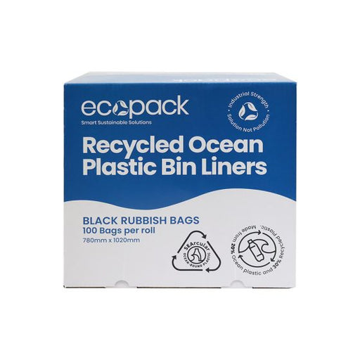 ECOPACK OCEAN-BOUND PLASTIC BLACK BIN LINERS IN DISPENSER BOX 80LTR