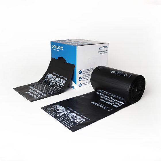 ECOPACK OCEAN-BOUND PLASTIC BLACK BIN LINERS IN DISPENSER BOX 80LTR