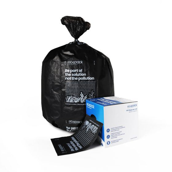 ECOPACK OCEAN-BOUND PLASTIC BLACK BIN LINERS IN DISPENSER BOX 80LTR